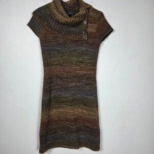 Ronni Nicole Sz S Striped Cowl Neck Short Sleeve‎ Knit Sweater Dress Brown Green